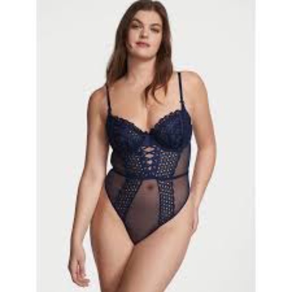Victoria's Secret Women Navy Very Sexy Wicked Unlined Eyelet Lace Teddy Babydoll - Picture 1 of 3